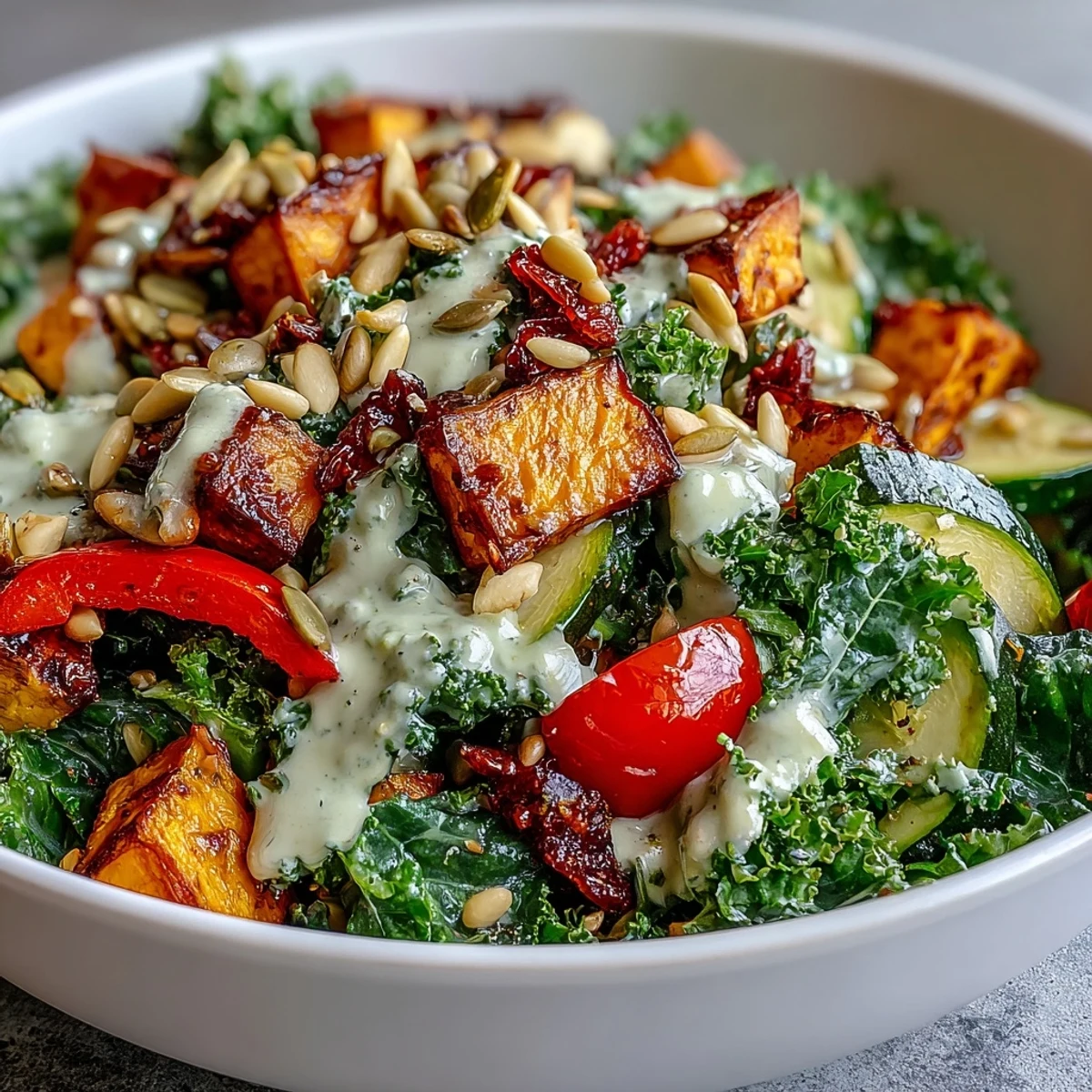 Close-up of a fresh Kale Salad Bowl showing massaged kale and golden roasted veggies.