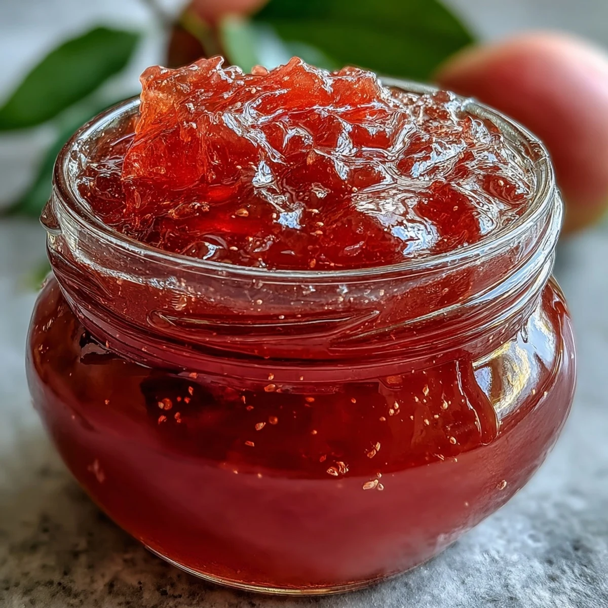 Homemade guava jelly in a glass jar, glowing with pink hue and perfect for toast or desserts.