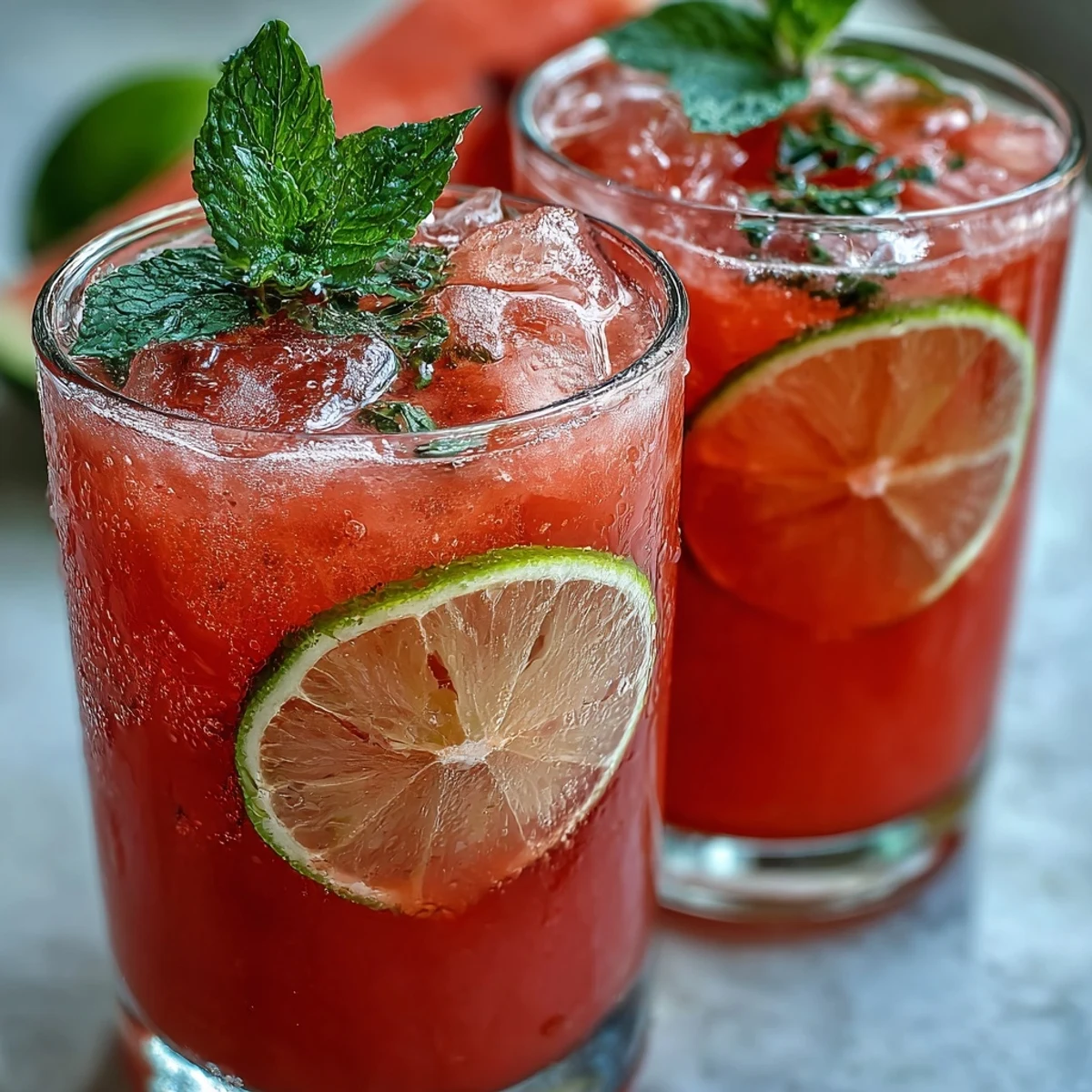 Two glasses of vibrant Guava Juice With Sparkling Water garnished with mint and lime over ice.