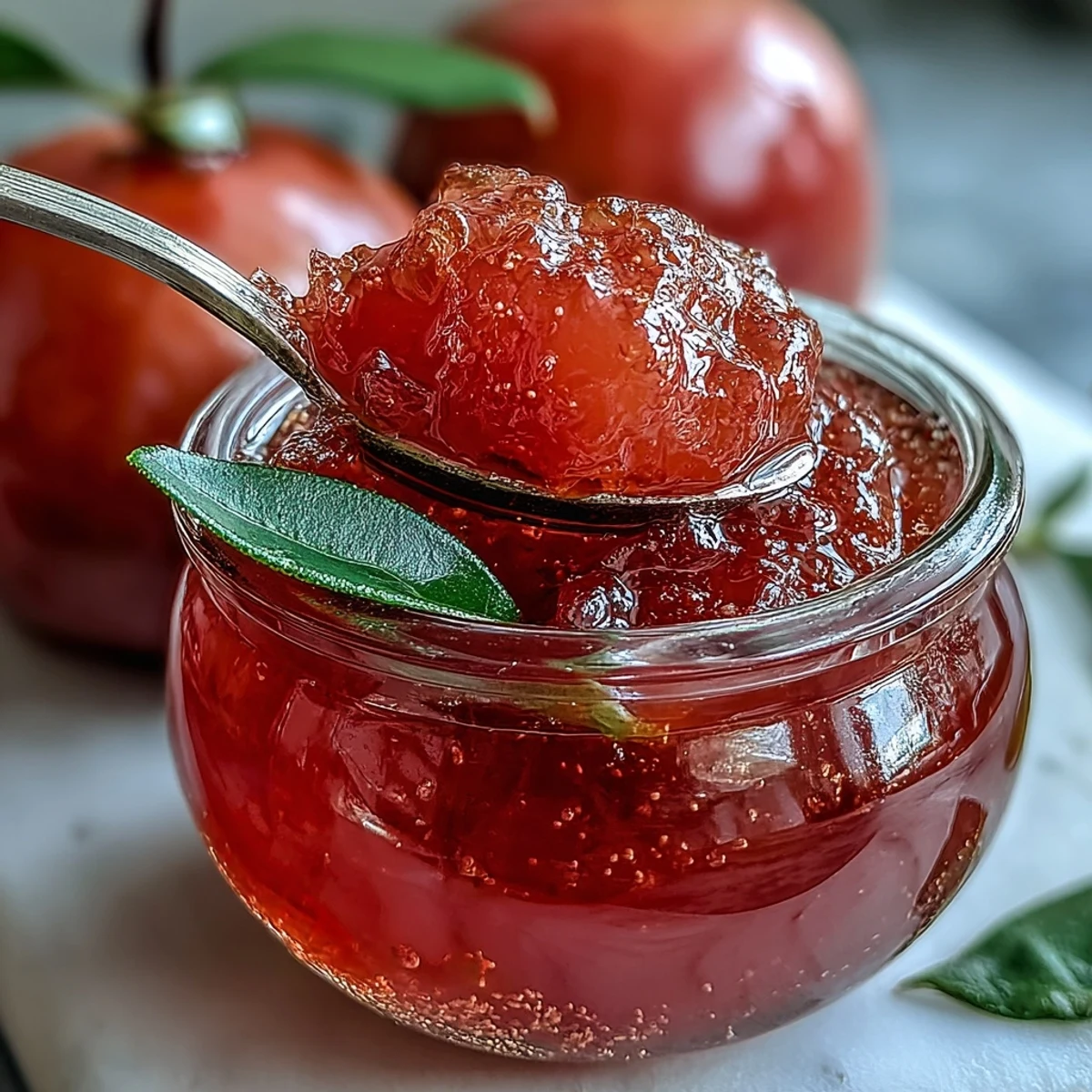 Freshly made guava preserves in a glass jar with whole guavas nearby.