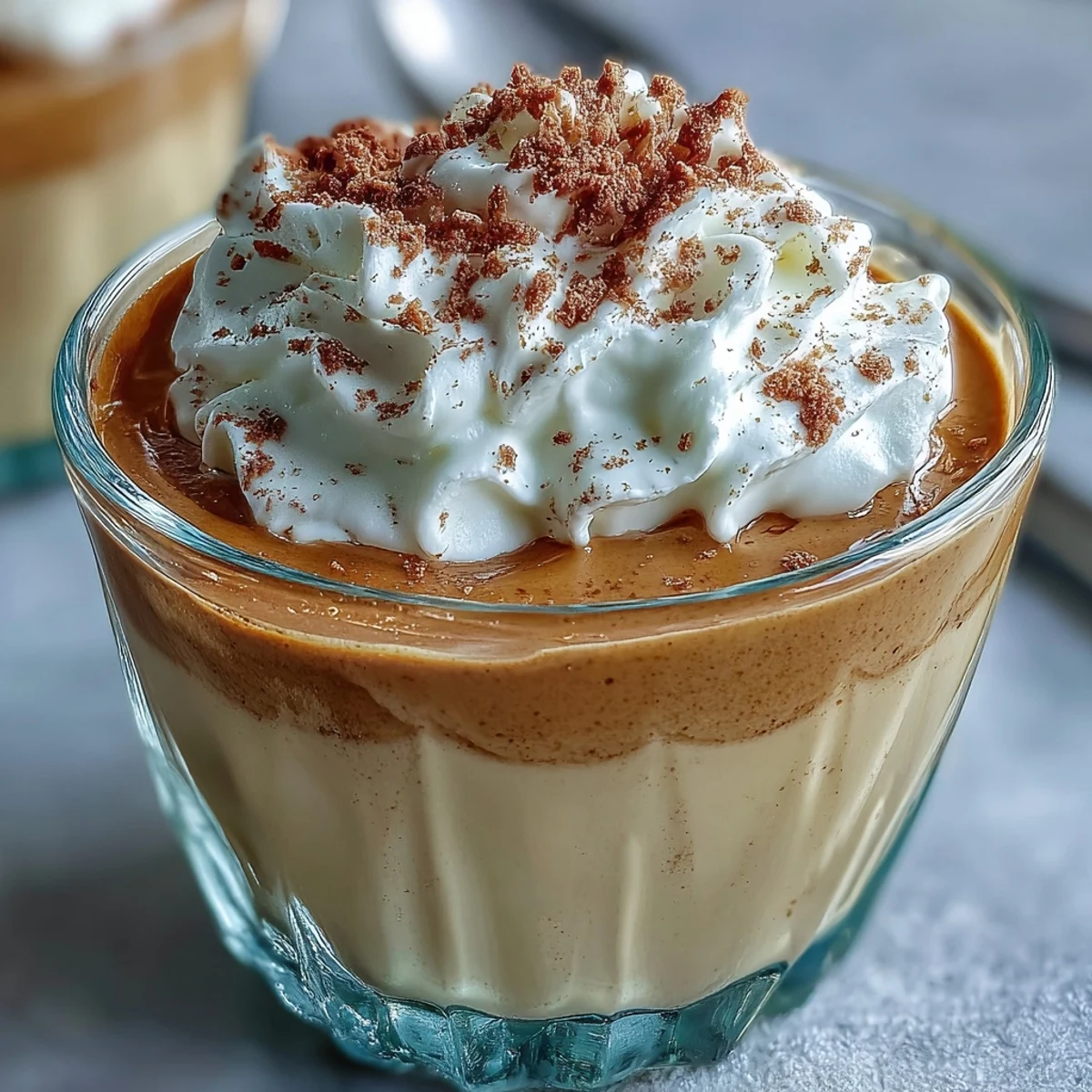 Smooth Hojicha Pudding served in a glass ramekin with a spoon, topped with whipped cream and cocoa powder for a creamy Japanese dessert.