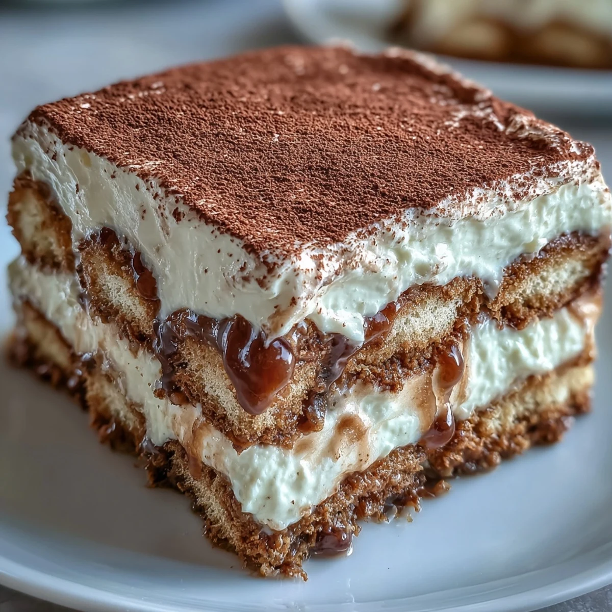 Hojicha Tiramisu dusted with cocoa powder on a dark plate, showing creamy layers and coffee-soaked biscuits.