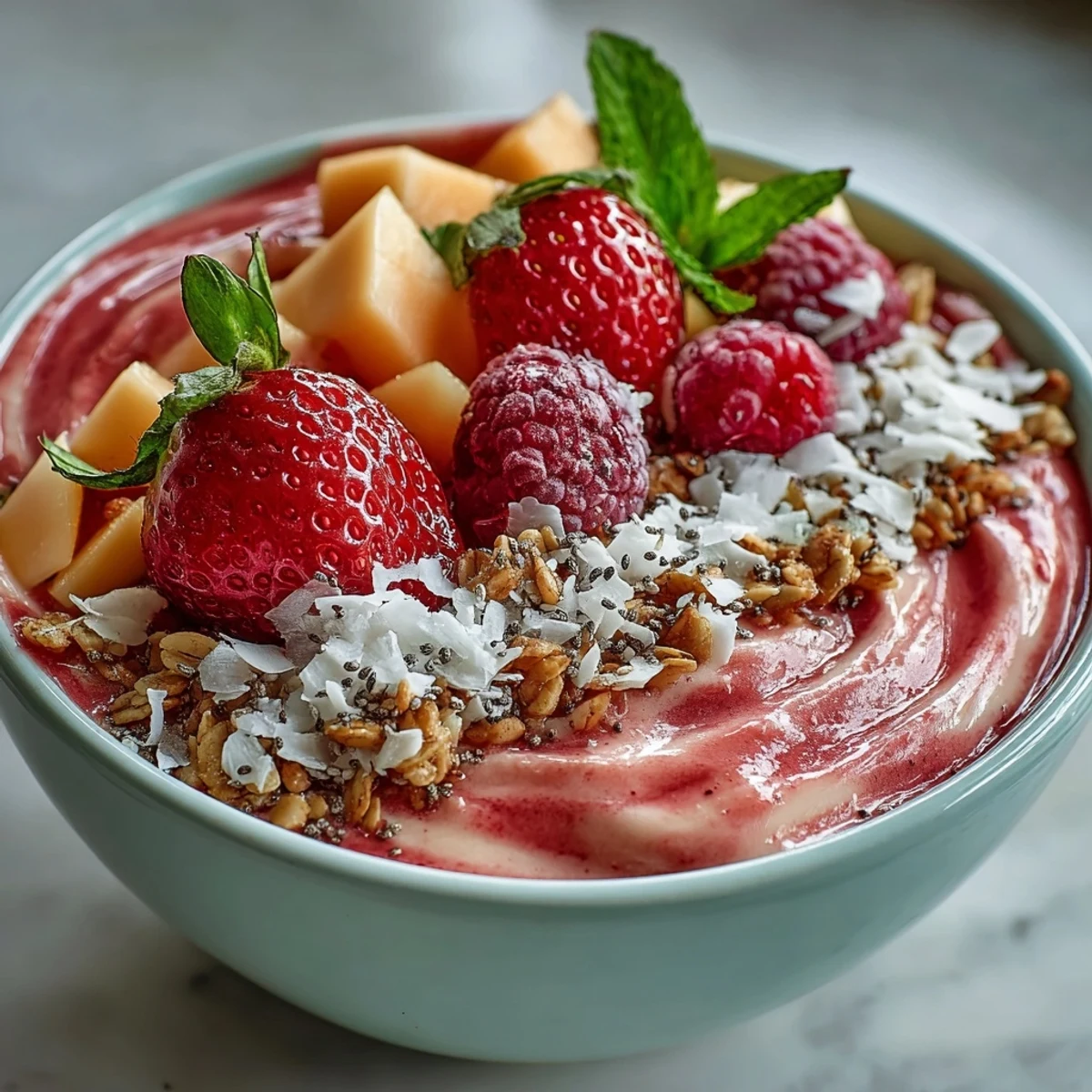 Two vibrant bowls of Guava and Mango Smoothie Bowl garnished with mint and tropical fruit toppings.