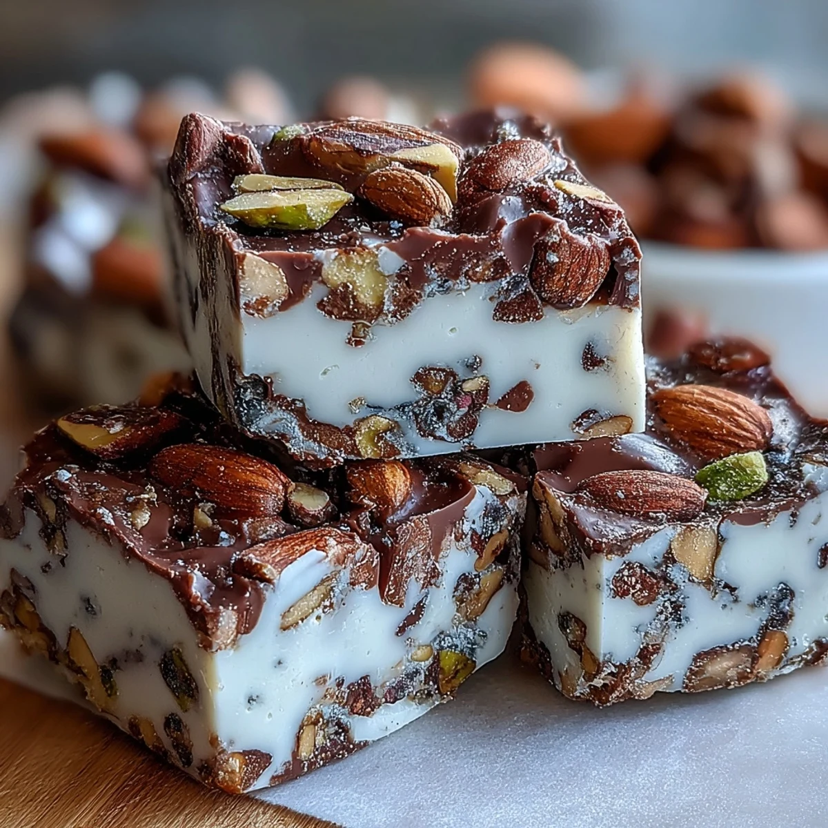 Rich Hojicha Nougat with a roasted green tea hue, featuring crunchy nuts and a soft, chewy texture wrapped in protective parchment paper.