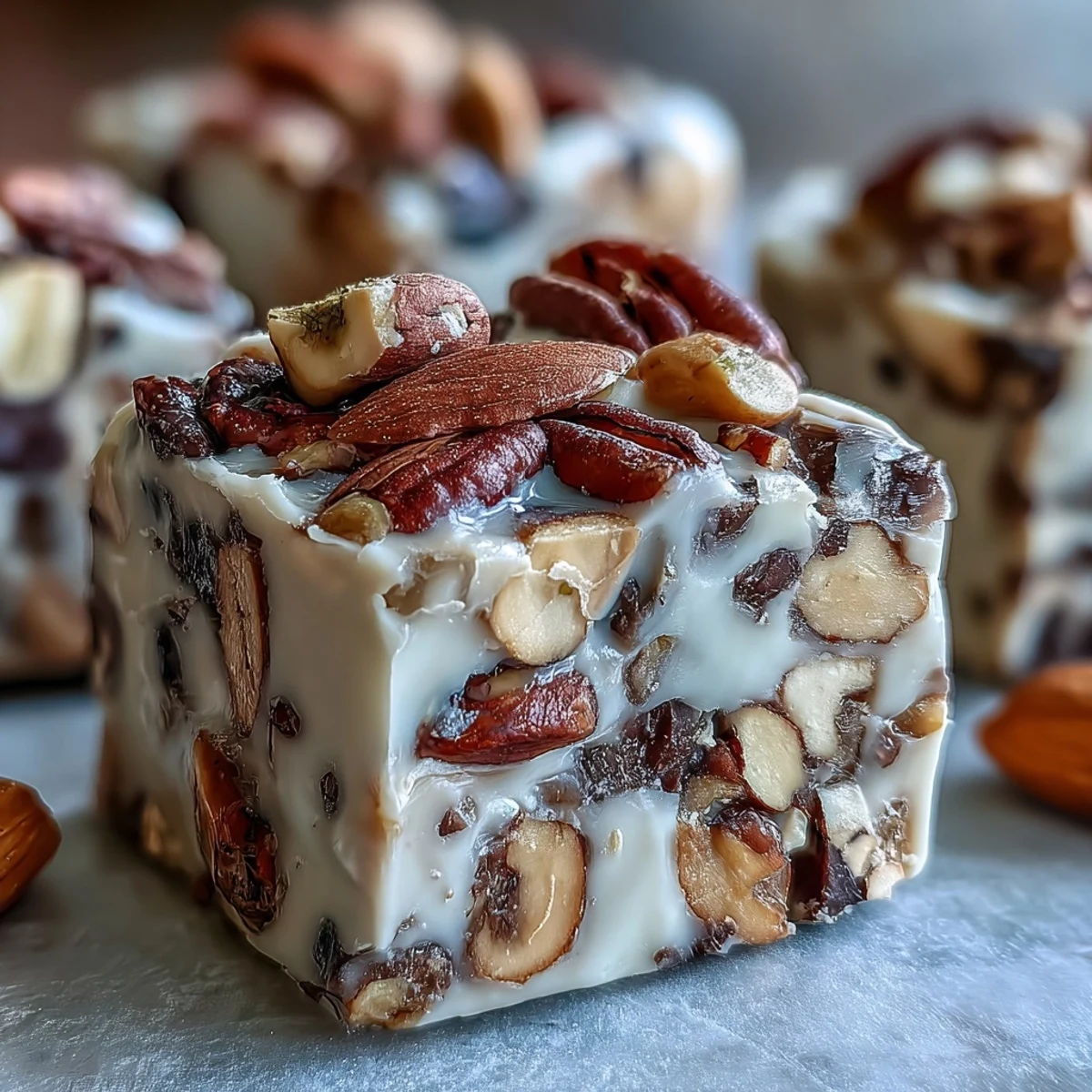 Stacked pieces of homemade Japanese-inspired Hojicha Nougat, showcasing the matte finish of roasted tea powder and buttery, nutty ingredients.