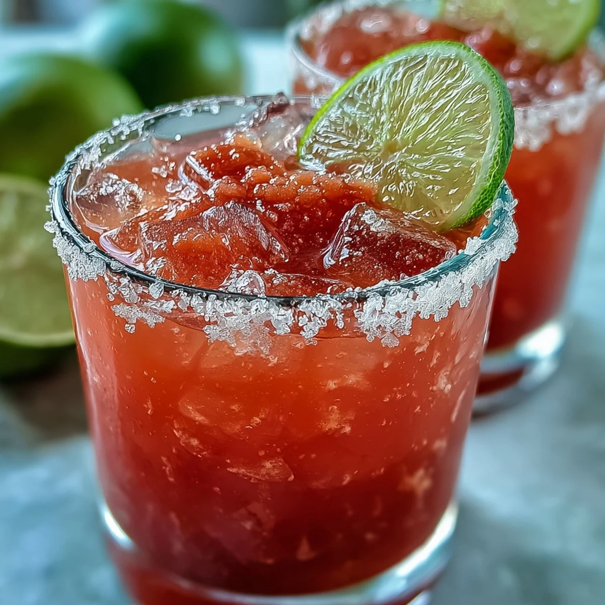 Best Guava Margarita in a salted glass with fresh guava slices and lime wheels, glistening with condensation beside a bowl of guava juice.