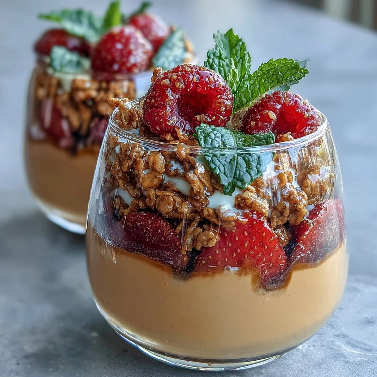 Hojicha Panna Cotta Parfait in a glass showing creamy layers and fresh red berries. 