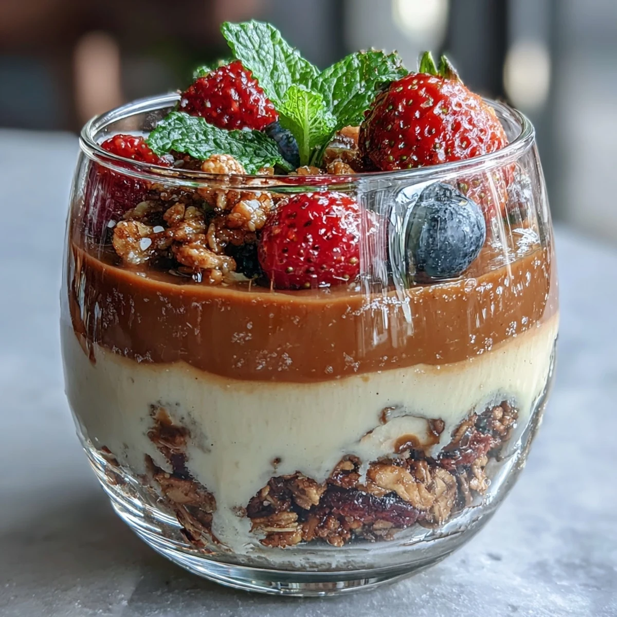 Layered Hojicha Panna Cotta Parfait with crunchy granola and ripe berries on top. 