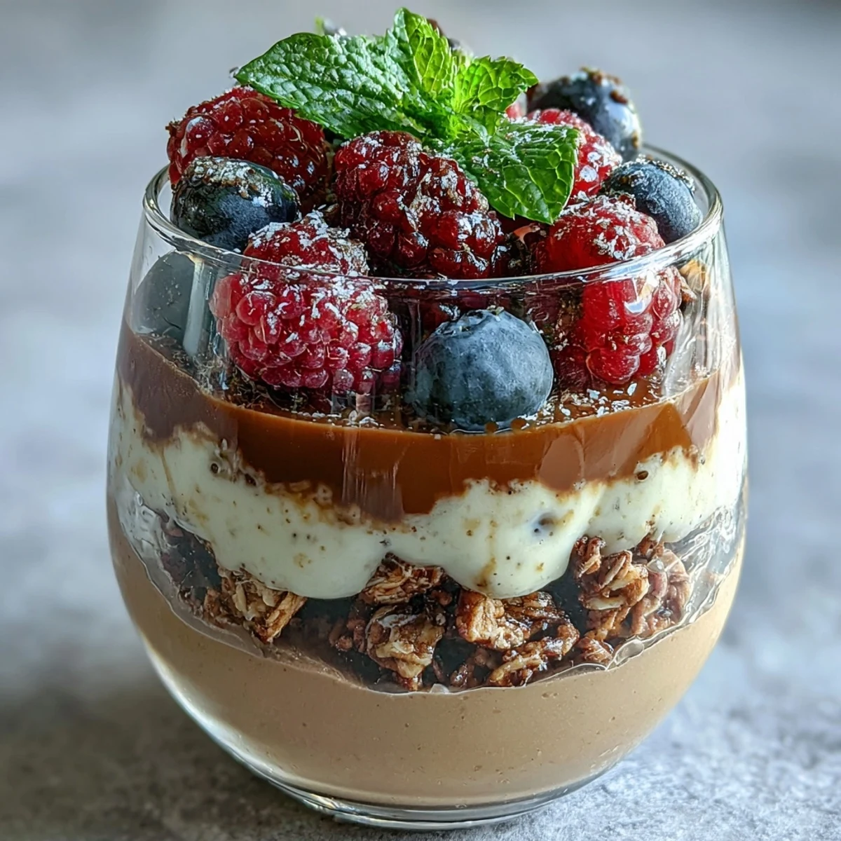 Spoon ready to scoop a rich Hojicha Panna Cotta Parfait dessert for a sweet treat.