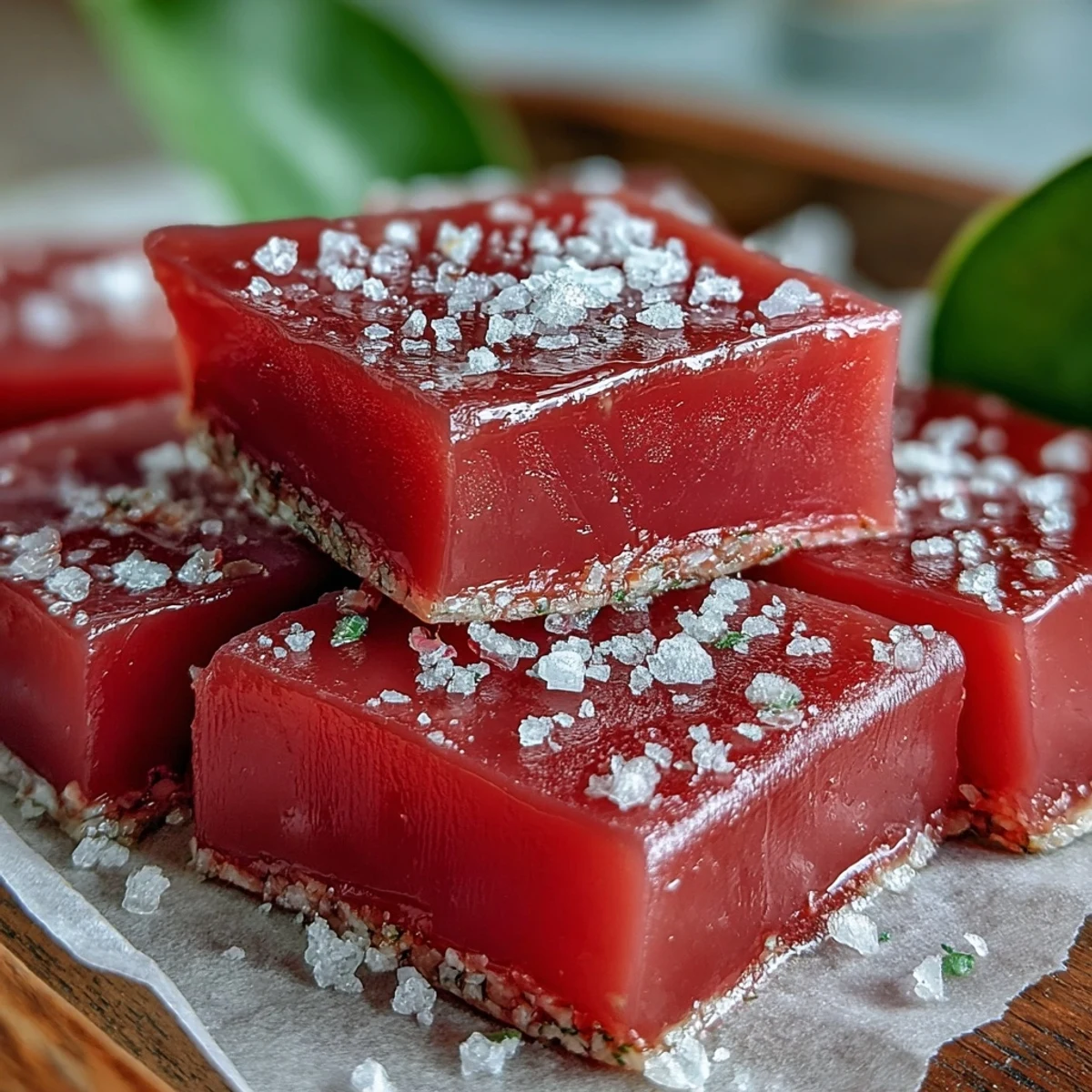 Vibrant pink squares of homemade Guava Cheese, a tropical confection dusted with sugar, resting on parchment.