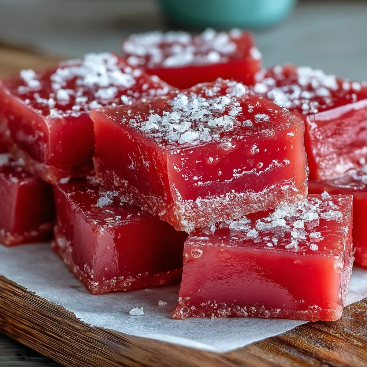 Freshly cut Guava Cheese pieces glistening with buttery sheen, showcasing a vibrant tropical hue and jewel-like squares.