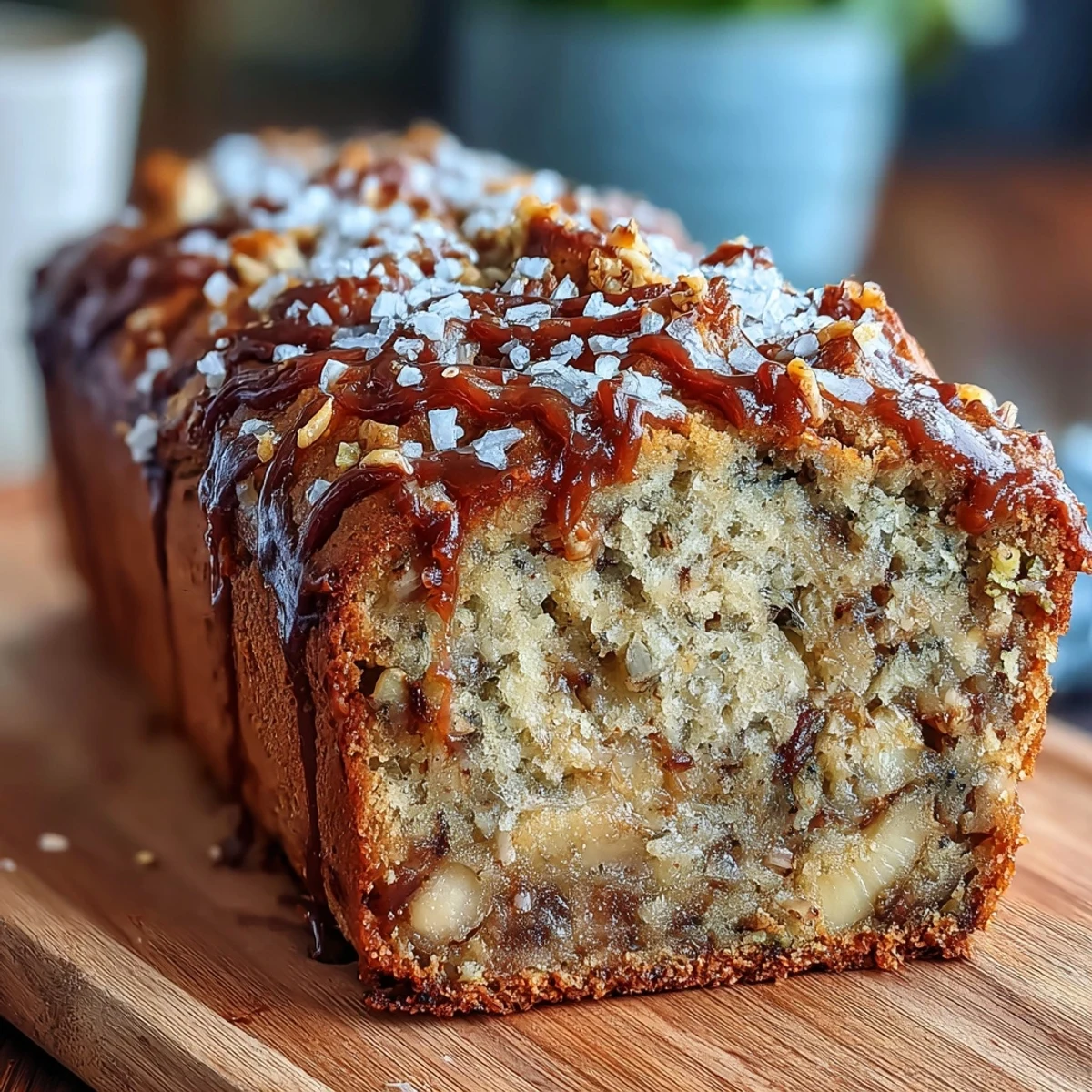 Freshly baked Vegan Cardamom Guava Banana Bread loaf sits sliced on a rustic wooden board, revealing a moist, tender crumb studded with guava bits.