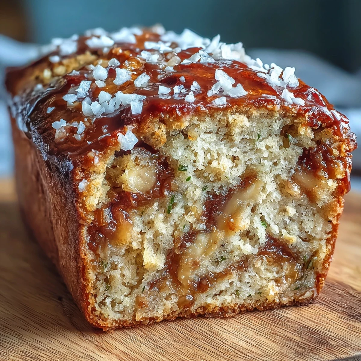 A golden-brown Vegan Cardamom Guava Banana Bread loaf is glazed with lime icing and placed beside sliced bananas and fresh guava fruit.