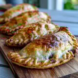 Golden air-fried Guava and Cheese Empanadas dusted with powdered sugar on a plate.