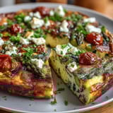 Healthy Easy Spring Veggie Frittata with fresh asparagus, spinach, and cherry tomatoes baked to golden perfection. A protein-packed, vegetarian breakfast or brunch dish.  