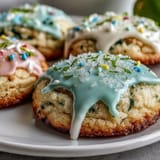 Delicate lemon-infused cookies topped with soft pastel glaze, a colorful treat for festive gatherings or Easter brunch.