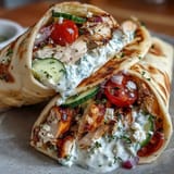 Grilled Tzatziki Chicken Wraps showcasing fresh ingredients against soft flatbread, ready to eat.