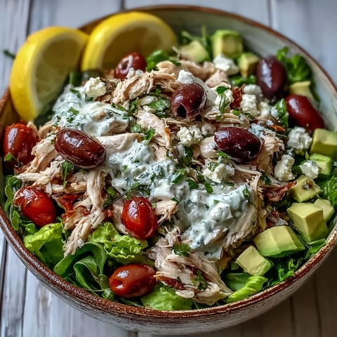 Tzatziki Chicken Salad in a white bowl with creamy yogurt, diced cucumbers, and fresh dill garnish.