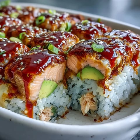 Hot Spicy Salmon Sushi Bake fresh from the oven, featuring melted cheese and vibrant green avocado slices.