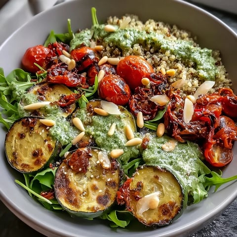 Freshly roasted vegetables and quinoa tossed in peppery arugula pesto in an Arugula Pesto Bowl topped with shaved Parmesan.