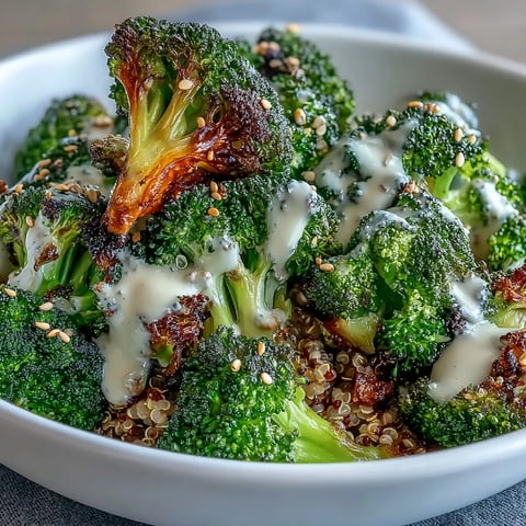 Crispy roasted broccoli bowl with tahini sauce on quinoa, topped with avocado and fresh parsley.