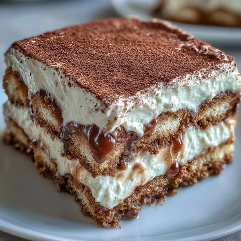 Hojicha Tiramisu dusted with cocoa powder on a dark plate, showing creamy layers and coffee-soaked biscuits.
