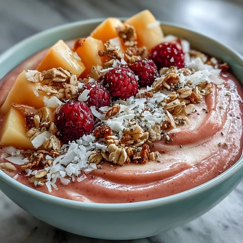 Bright pink guava and mango smoothie bowl topped with granola, fresh berries, and coconut flakes.