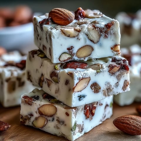 Golden-brown Hojicha Nougat squares studded with chopped almonds and pistachios, cut into perfect bite-sized pieces for an elegant tea time treat.