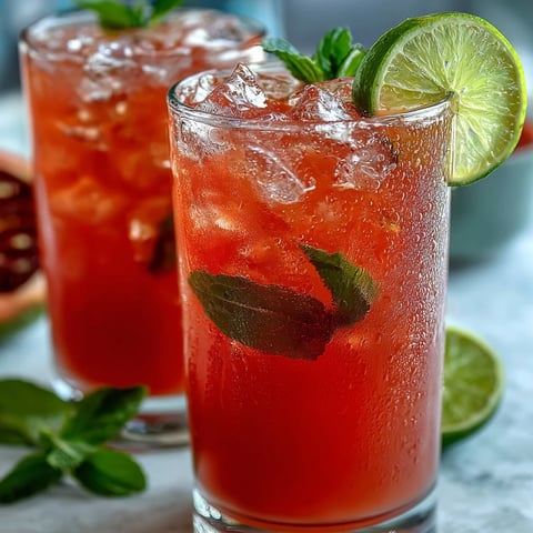 Chilled guava nectar drink in tall glasses with ice cubes and a fresh lime garnish.