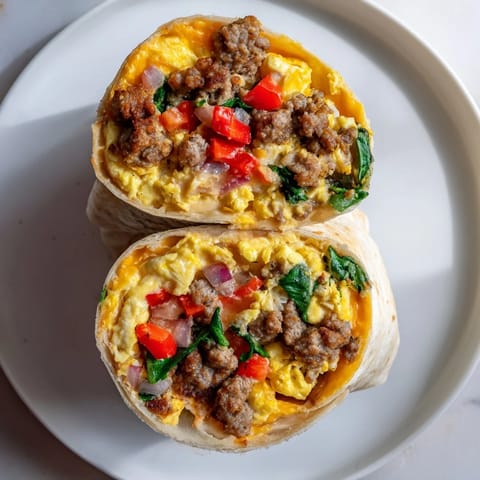 Golden-brown Make-Ahead Breakfast Burritos ready to eat, packed with savory sausage and colorful peppers.