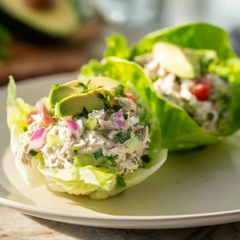 Fresh and flavorful quick & healthy tuna salad lettuce wraps, served with ripe avocado and tomato.