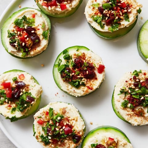 Fresh Quick Hummus and Cucumber Bites, a vibrant appetizer with creamy hummus atop crisp cucumber.