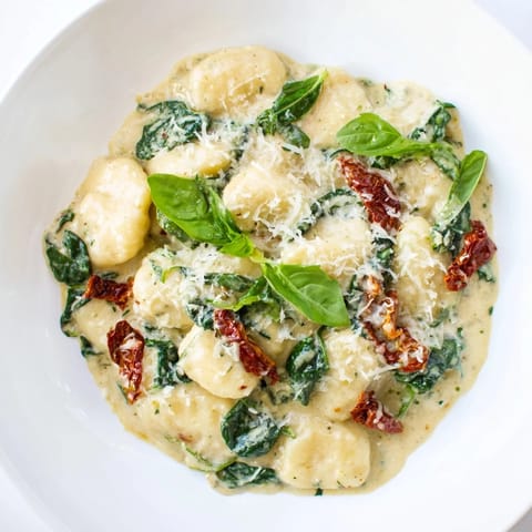 Golden-brown creamy Tuscan gnocchi with sun-dried tomatoes and spinach, ready for a comforting dinner.