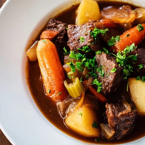 Close-up of hearty Irish Beef Stew, showcasing chunks of beef and carrots in a dark, flavorful sauce.