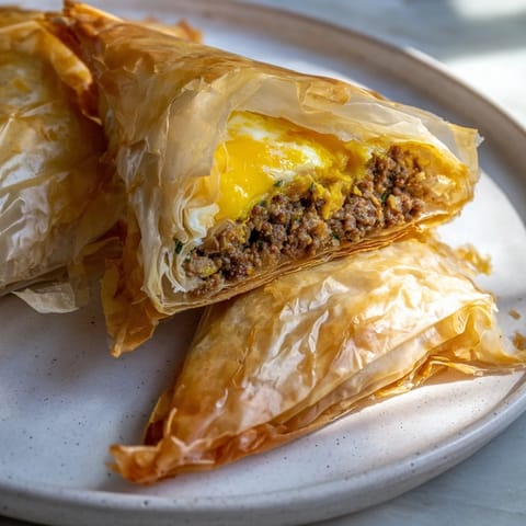 Close-up of freshly fried Tunisian Brik, showing flaky pastry and a glimpse of the egg's soft yolk.