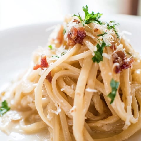 Fresh parsley and grated Parmesan garnish this savory, quick-cooked Crispy Bacon Linguine dinner.
