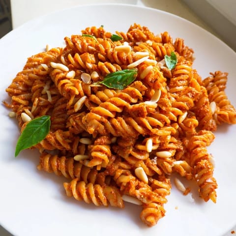 Vibrant sun-dried tomato pesto pasta glistens with olive oil and fresh basil, ready to be served with extra Parmesan.