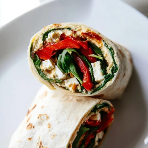 The finished Mediterranean Veggie Wrap is rolled tightly in parchment paper, ready for a quick and healthy lunch on the go.