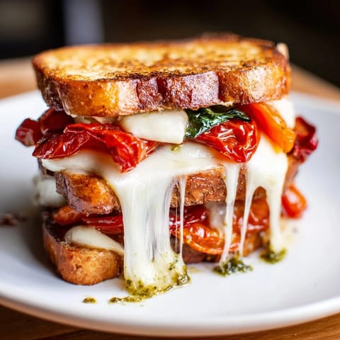 Golden, slow-roasted tomato slices melt into basil pesto and gooey cheddar inside buttery, toasted sourdough.  