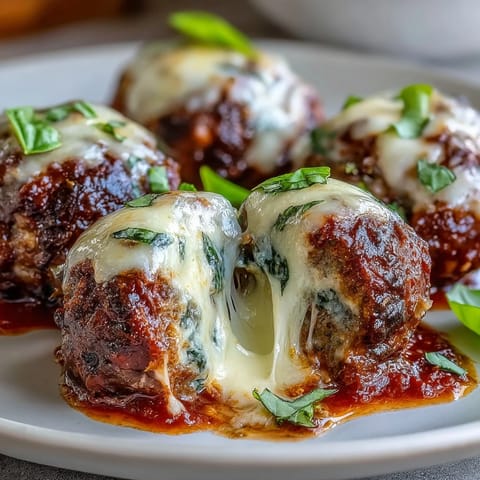 Juicy, cheesy meatballs simmer in a rich garlic marinara, topped with fresh basil over gluten-free pasta.