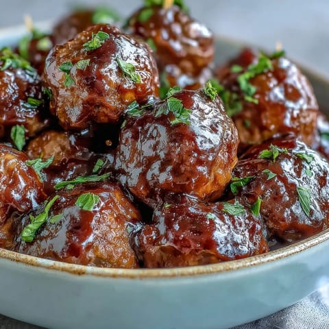 Slow cooker Peach Glazed Meatballs simmer in a sweet and tangy peach glaze, garnished with fresh parsley and red pepper flakes.