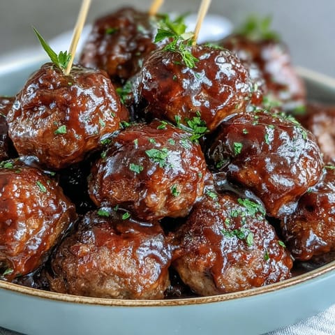 These tender Peach Glazed Meatballs are ready to serve with toothpicks, perfect for a party appetizer platter or game day snack.