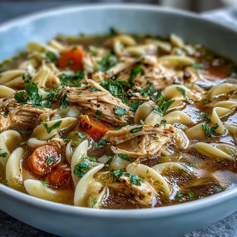 A close-up of Instant Pot Chicken Noodle Soup shows fresh parsley garnish, vibrant vegetable chunks, and steam rising from a hearty, comforting serving.