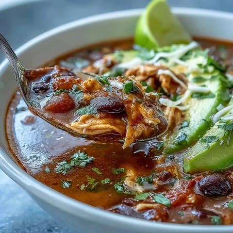 Hearty Instant Pot Chicken Tortilla Soup with tender shredded chicken, black beans, and fresh cilantro garnish.