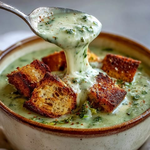 Creamy cauliflower and broccoli soup in a white bowl, topped with golden homemade croutons beside fresh thyme sprigs.