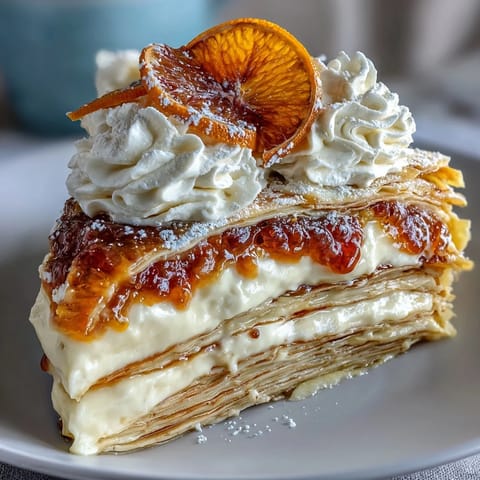 Fresh blood orange slices and zest top a whole Blood Orange Curd Crêpe cake, served on a white platter with a dusting of powdered sugar.