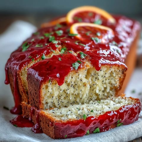 Sliced piece of Blood Orange Loaf Cake with Poppy Seeds and Marzipan, revealing moist interior flecked with seeds and marzipan swirls beside a cup of tea.