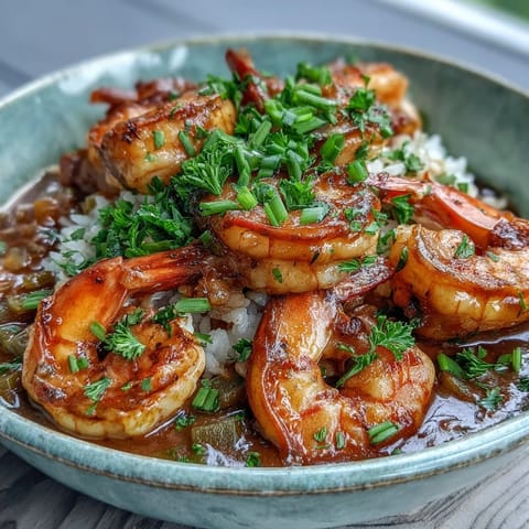 Hearty Classic New Orleans Étouffée served over fluffy white rice, garnished with fresh parsley and green onions on a rustic table.