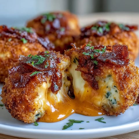 Buffalo Chicken Bacon Mozzarella Bombs fresh from the fryer, showcasing crunchy panko crusts and a drizzle of zesty buffalo sauce.