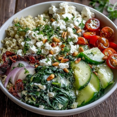 Warm Spinach and Feta Grain Bowl garnished with crunchy toasted pine nuts and parsley, drizzled with zesty lemon olive oil dressing for a nutritious Mediterranean lunch.